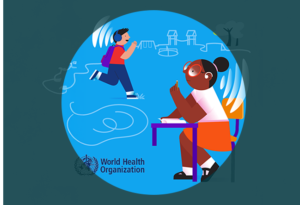 Illustration of two people communicating, highlighting hearing and inclusion, with the World Health Organization logo, representing World Hearing Day.