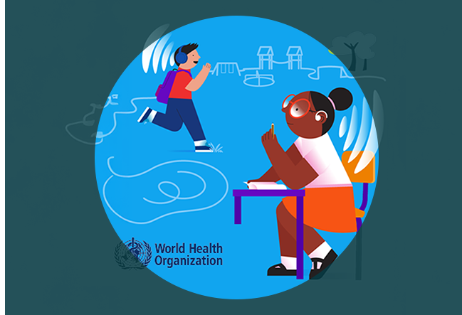 Illustration of two people communicating, highlighting hearing and inclusion, with the World Health Organization logo, representing World Hearing Day.